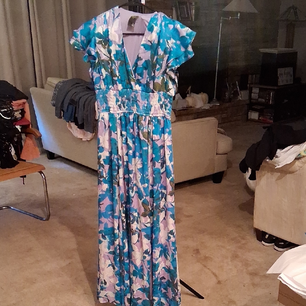 Taylor Blue and Green Floral Maxi Dress